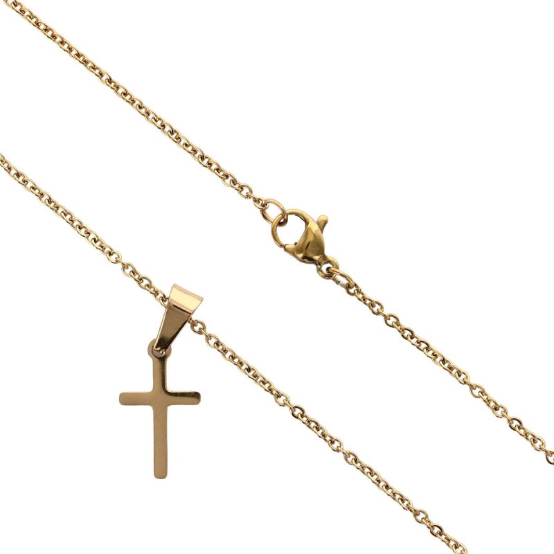 Collier avec chaine L.45 cm réglable jusqu'à 50cm avec croix plate H.1.5 cm en acier inoxydable doré, livrée en pochette